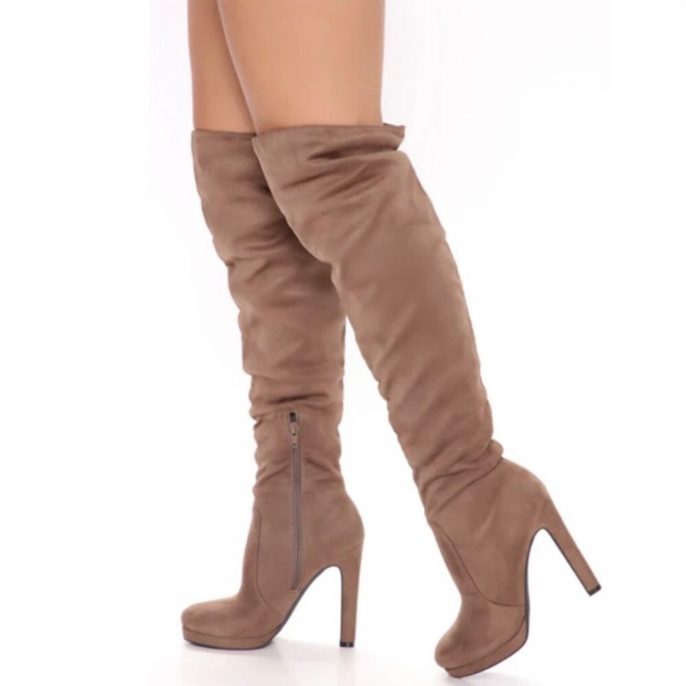Fashion Nova Magnified Feelings Taupe Suede Zip Up Over Knee Stiletto Heel Boots